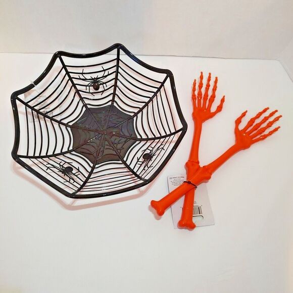 Novelty Bowl Tong Set Spider Web Insect Skeleton Bones Holiday Party Tableware - Picture 6 of 16